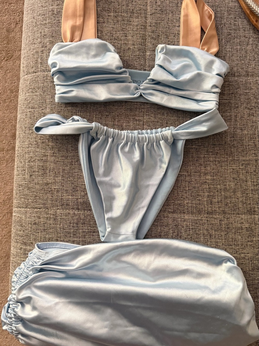 Satin Light Blue Ruched Bikini Set
